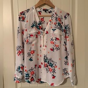 Express White Floral Blouse with Orange and Teal Accents